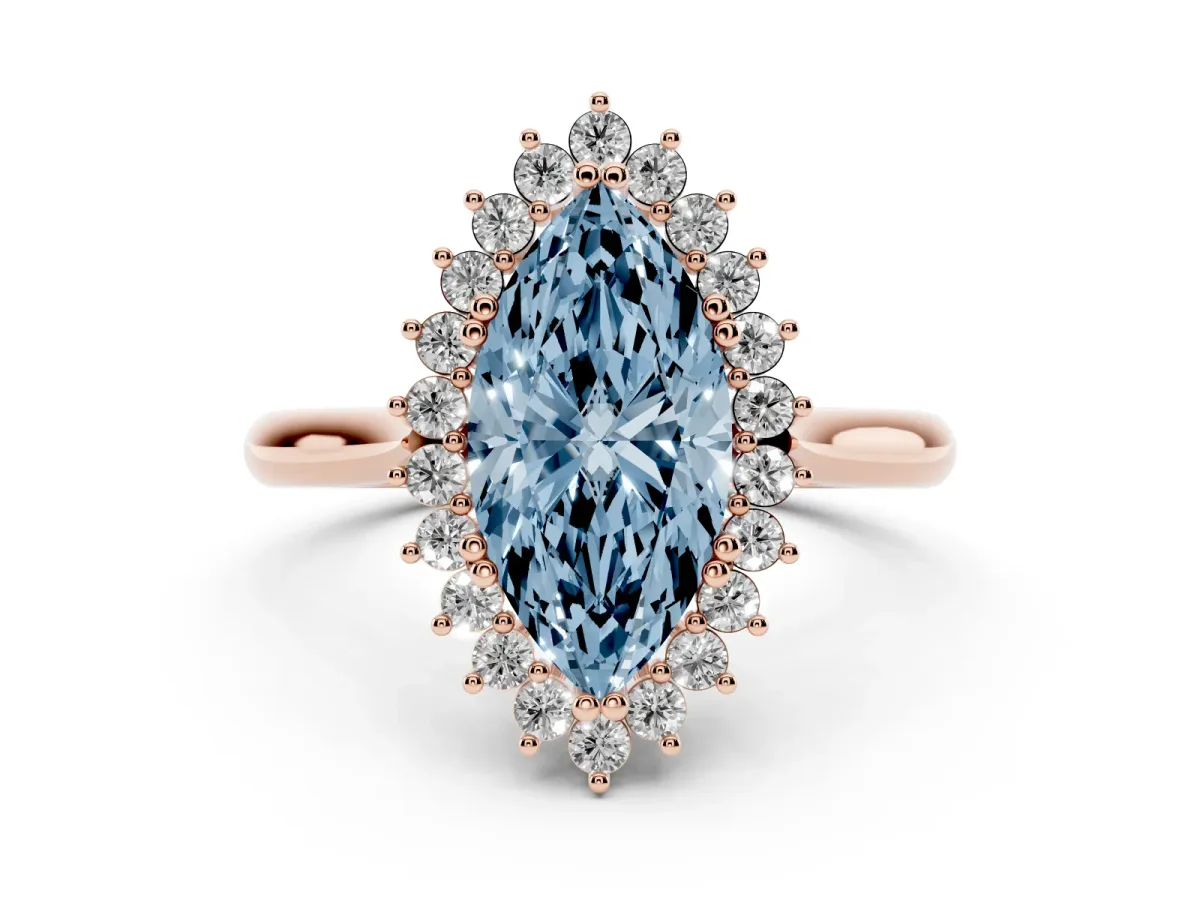 Fancy Blue Marquise Cut Cut Diamond Halo Ring with Solitaire Band and Prong Setting Rose gold