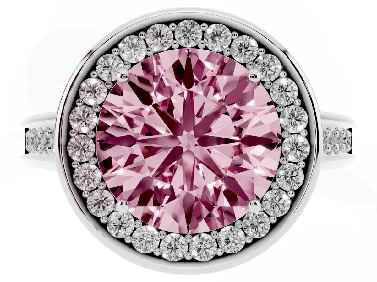 Fancy Pink Round Cut Halo Solitaire Diamond Ring with Pave Band and Bezel Setting Silver