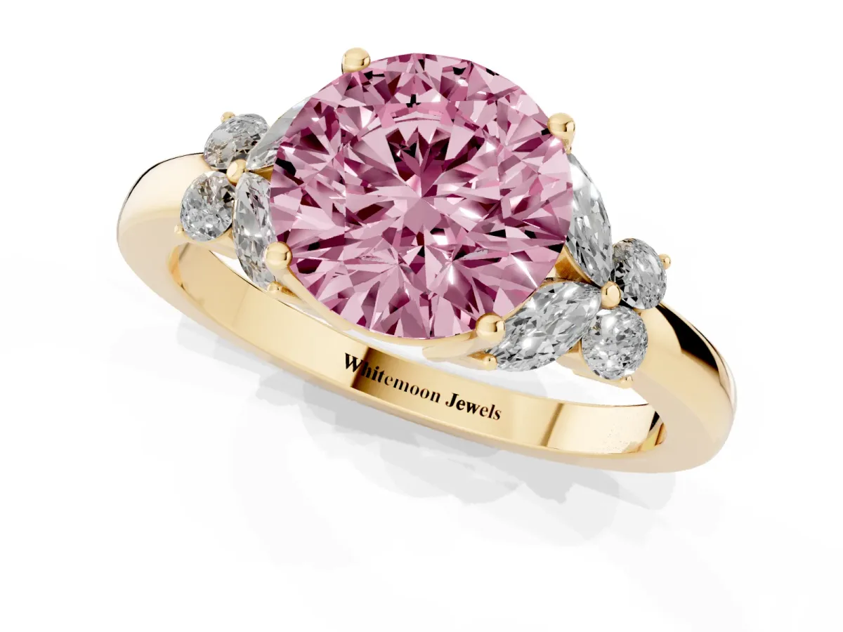 Fancy Pink Round Cut Cut Solitaire Floral Diamond Ring with Four-Prong Setting Yellow gold