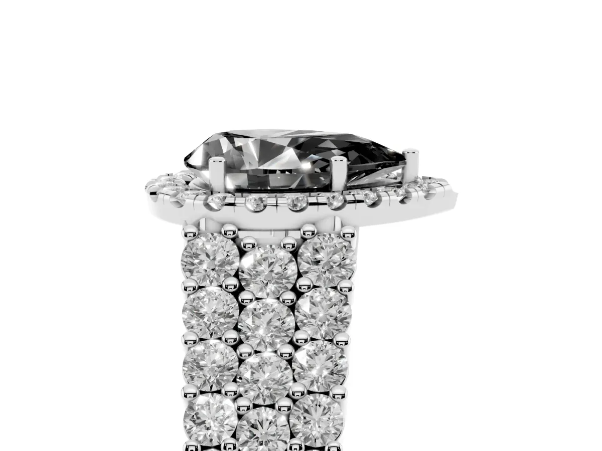Fancy Black Pear Cut Diamond Halo Engagement Ring with Triple Row Round Pavé Band and Prong Setting Platinum