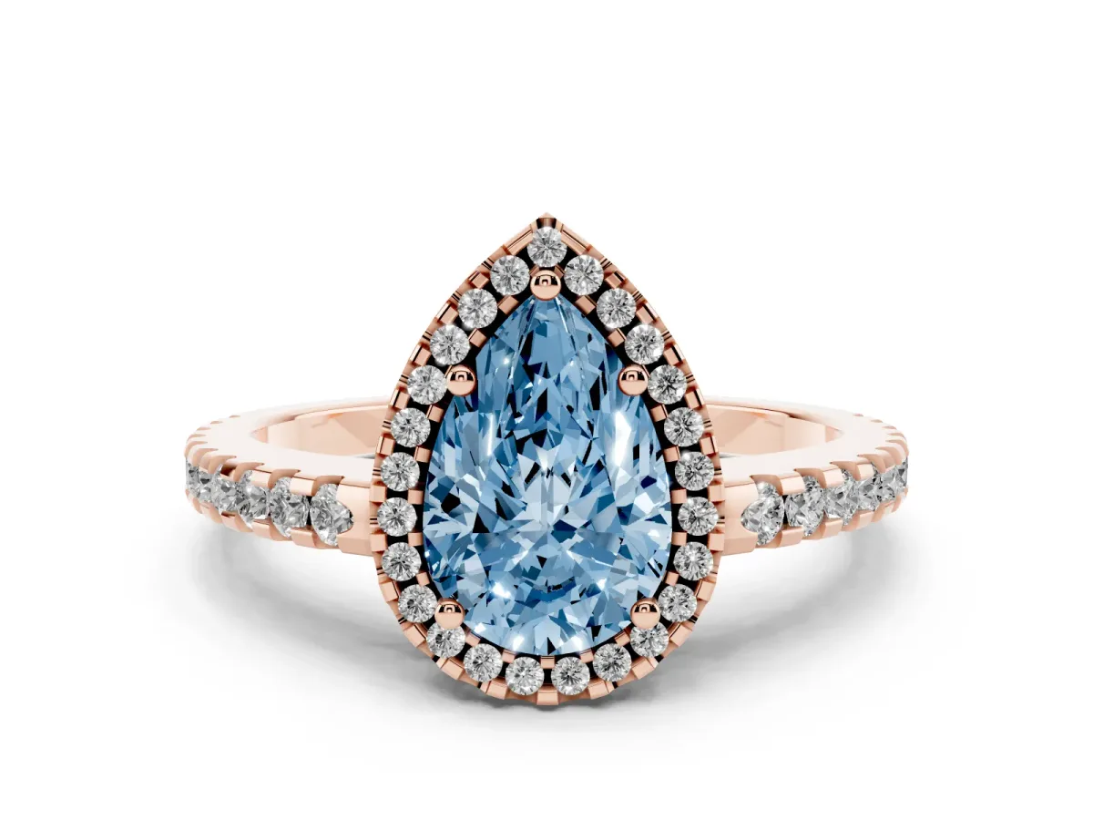 Fancy Blue Pear Cut Diamond Halo Engagement Ring with Pavé Band and Prong Setting Rose gold