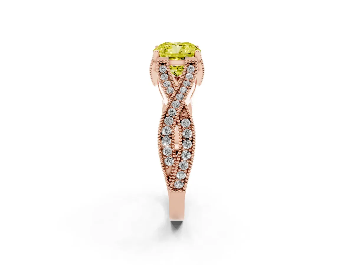 Fancy Yellow Cushion Cut Cut Diamond Twisted Band with Milgrain Pave Setting and Four-Prong Setting Rose gold