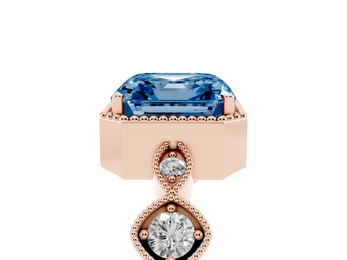 Fancy Blue Asscher Cut Diamond Vintage Milgrain Ring with Round Stations Rose gold