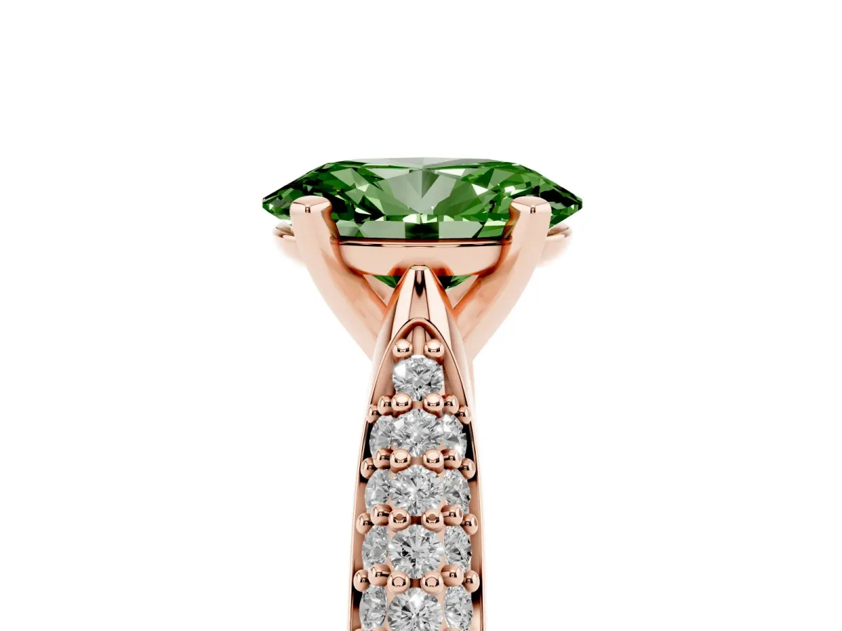 Fancy Green Oval Cut Diamond Solitaire Engagement Ring with Multi-Row Round Pavé Band and Prong Setting Rose gold