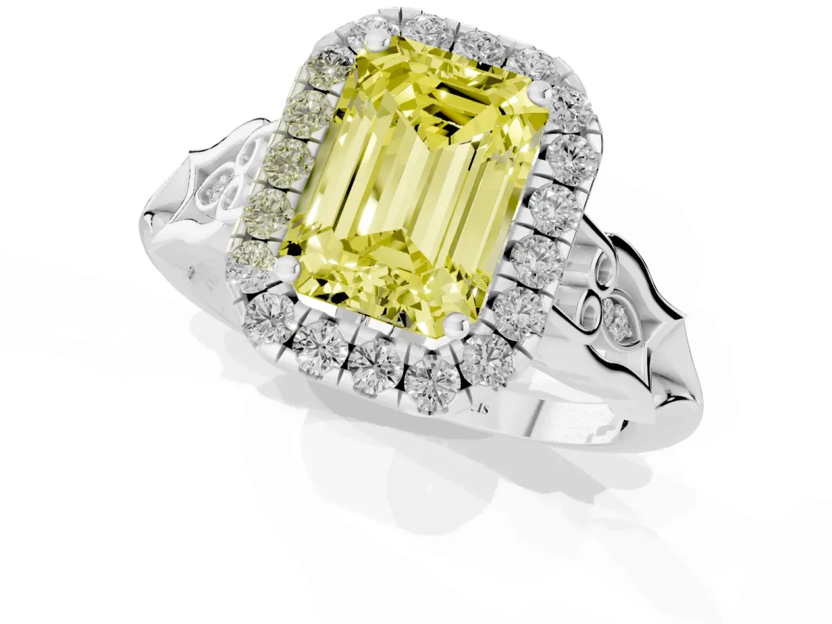 Fancy Yellow Emerald Cut Halo Diamond Engagement Ring with Filigree Band and Four-Prong Setting Platinum