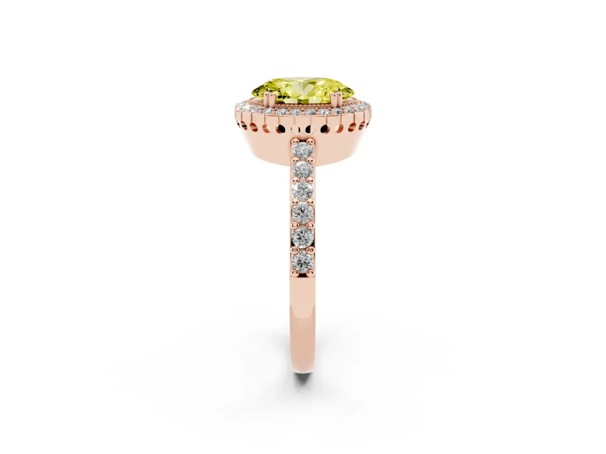 Fancy Yellow Oval Cut Cut Diamond Halo Engagement Ring with Milgrain Detail and Pavé Band Rose gold