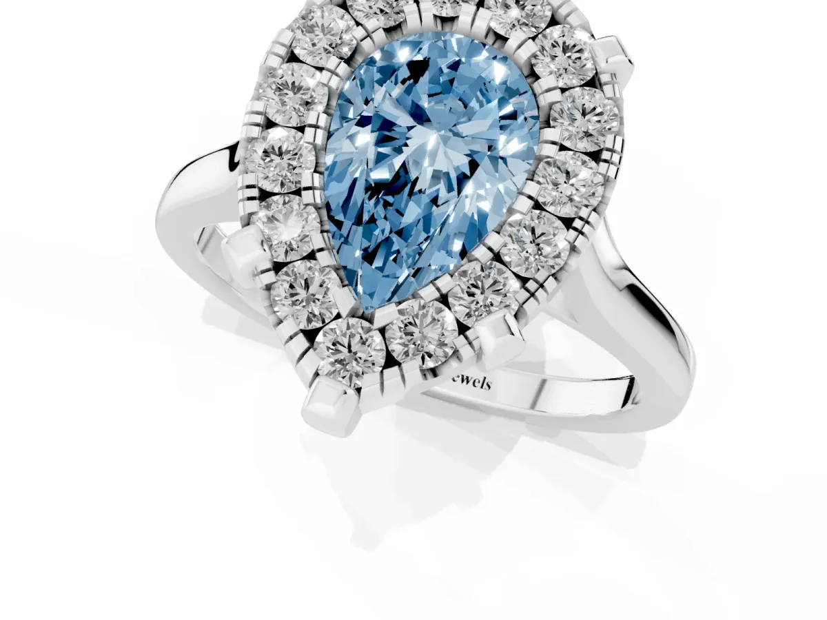 Fancy Blue Pear Cut Diamond Cluster Halo Solitaire with Four-Prong Setting Silver