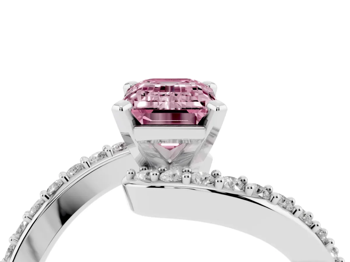 Fancy Pink Emerald Cut Solitaire Twist Band with Pave Set Diamonds and Four-Prong Setting Silver
