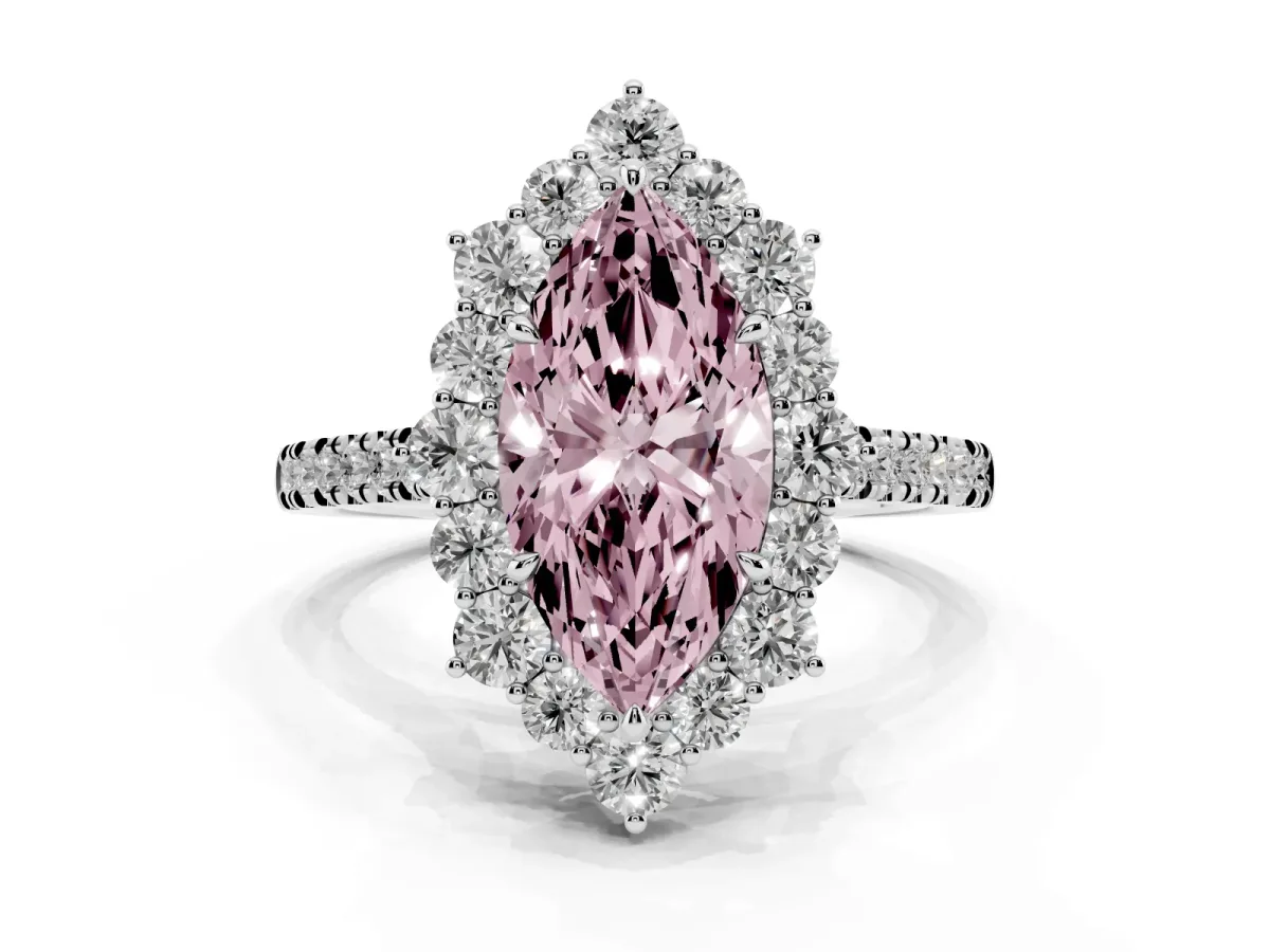 Fancy Pink Marquise Cut Halo Diamond Ring with Pavé Band and Prong Setting Silver