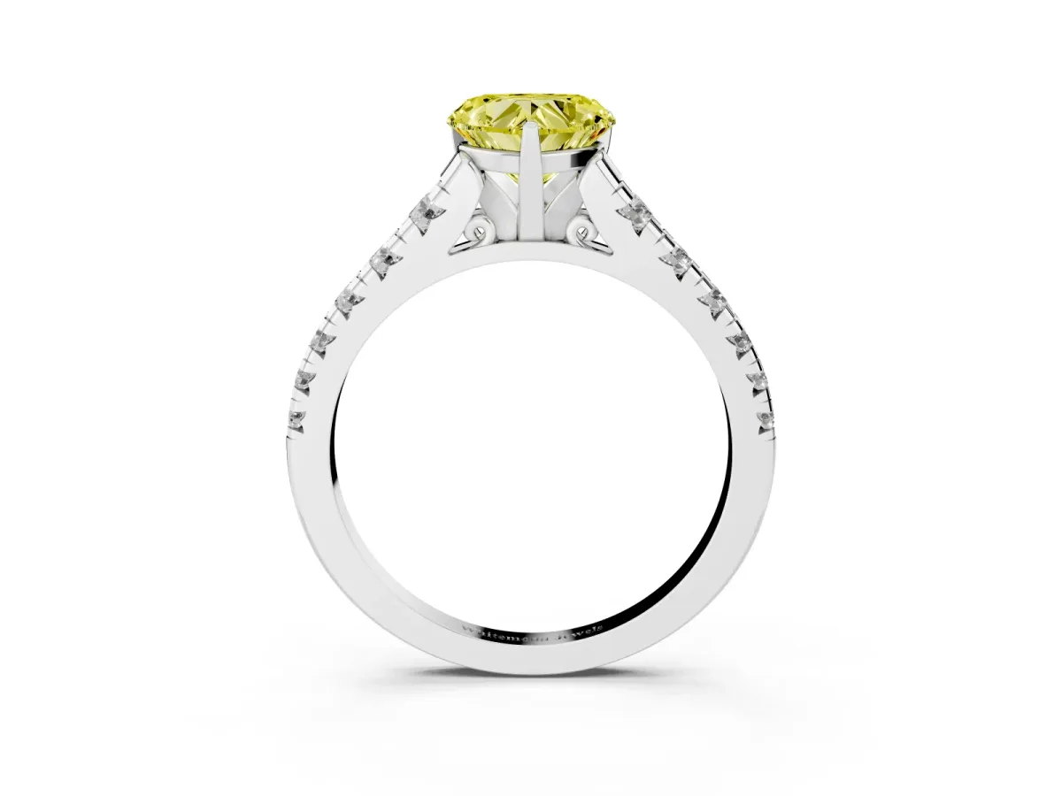 Fancy Yellow Heart Cut Diamond Cathedral Solitaire Ring with Round Pavé Band Silver