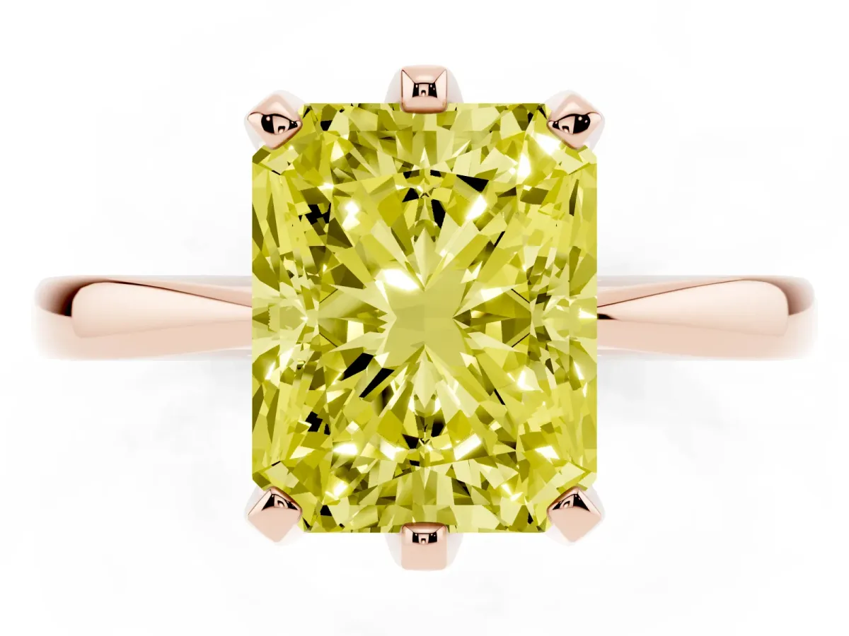 Fancy Yellow Radiant Cut Solitaire Engagement Ring with Six-Prong Setting and Tapered Band Rose gold