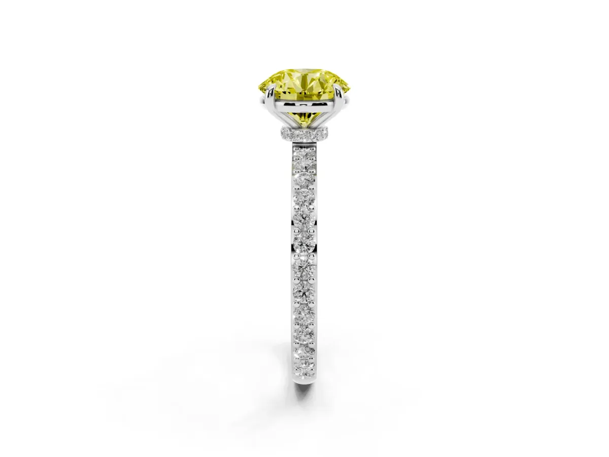 Fancy Yellow Round Cut Diamond Pavé Engagement Ring with Round Accents and Prong Setting Silver