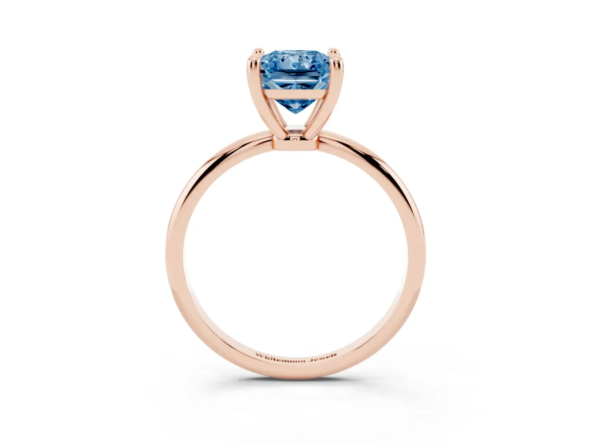 Fancy Blue Radiant Cut Solitaire Diamond Ring with 4-Prong Setting on a Classic Band Rose gold