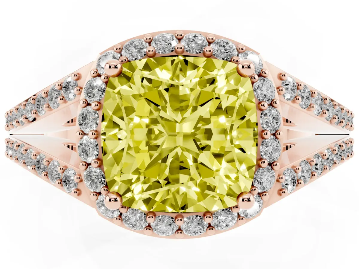 Fancy Yellow Cushion Cut Halo Split Shank Pave Diamond Ring with Four-Prong Setting Rose gold