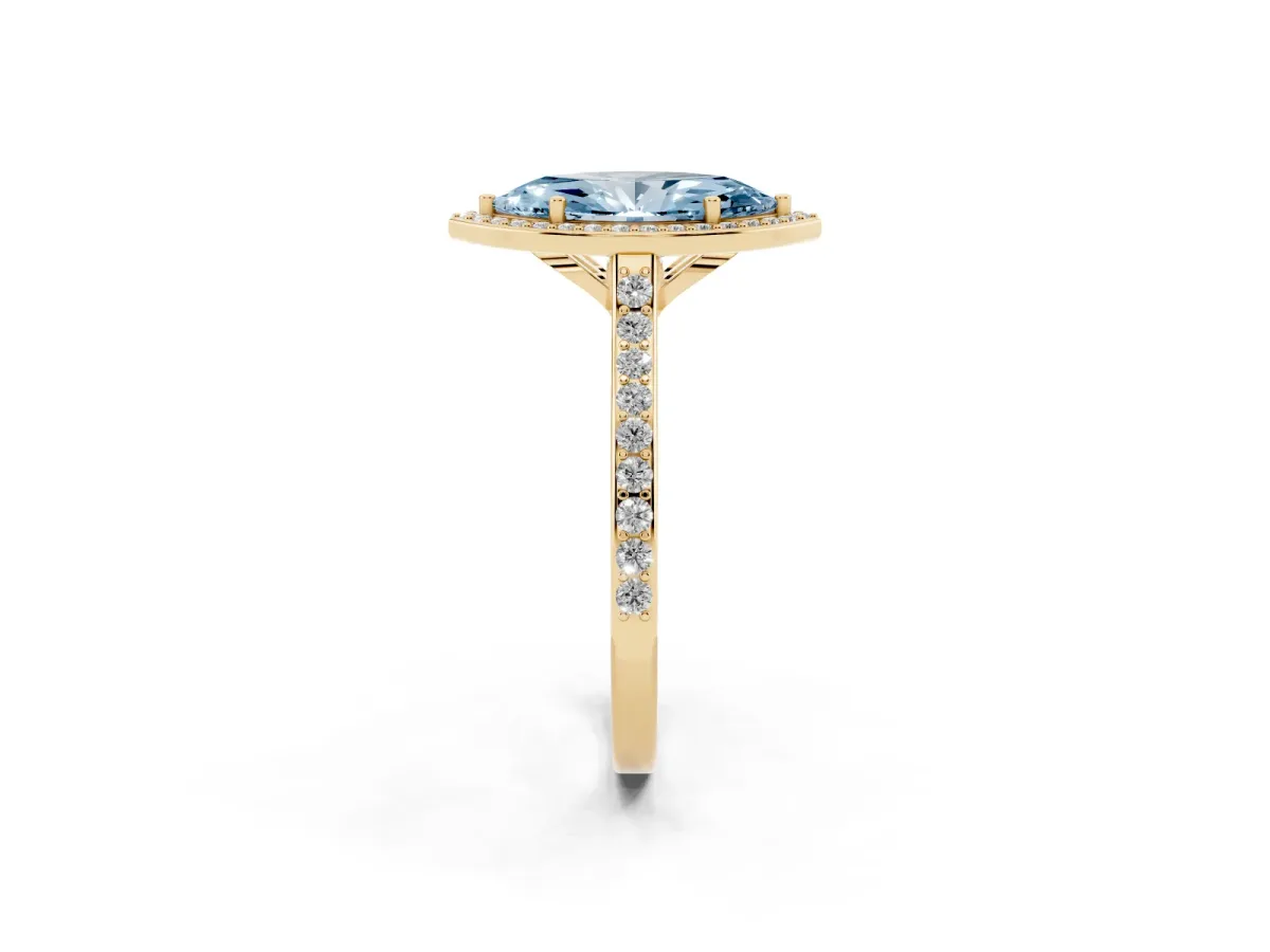 Fancy Blue Marquise Cut Diamond Halo Engagement Ring with Round Pavé Shoulders and Prong Setting Yellow gold