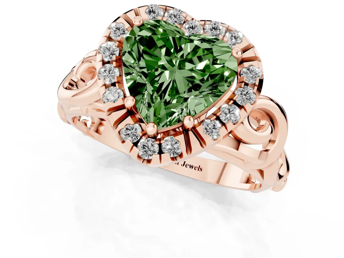 Fancy Green Heart Cut Cut Halo Diamond Ring with Scrollwork Band and Four-Prong Setting Rose gold