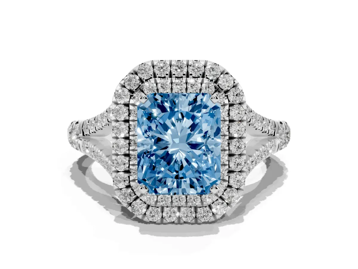 Fancy Blue Radiant Cut Diamond Pavé Split Shank Double Halo Engagement Ring Silver