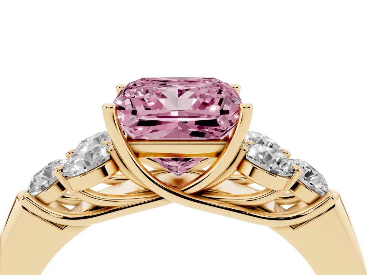 Fancy Pink Princess Cut Cut Diamond Cluster Ring with Round Accent Stones and Prong Setting on a Classic Band Yellow gold