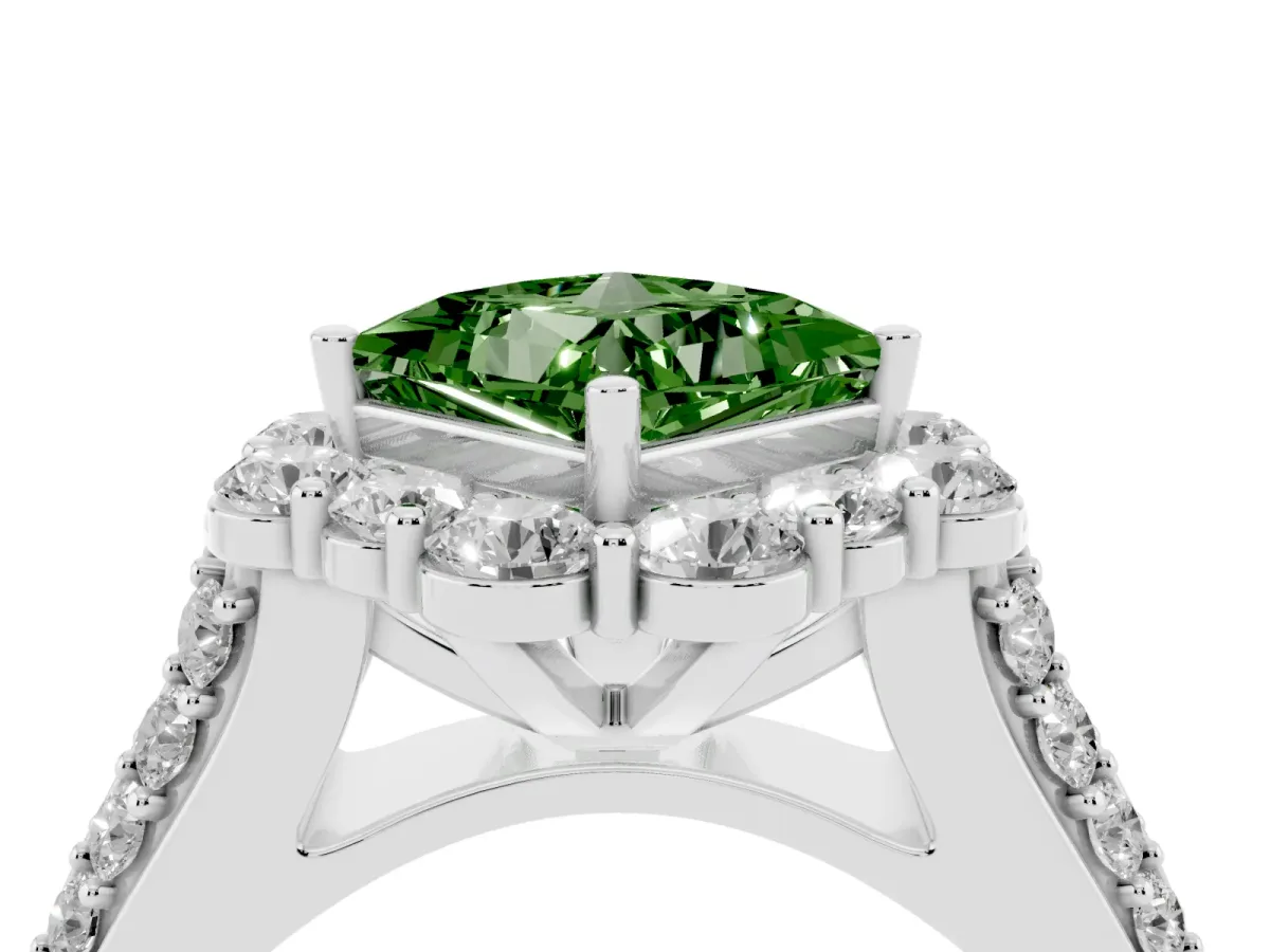 Fancy Green Princess Cut Halo Diamond Engagement Ring with Split Shank and Prong Setting Silver
