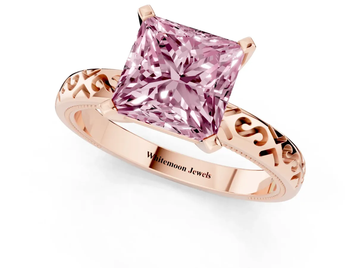 Fancy Pink Princess Cut Solitaire Engagement Ring with Scrollwork Band and Four-Prong Setting Rose gold