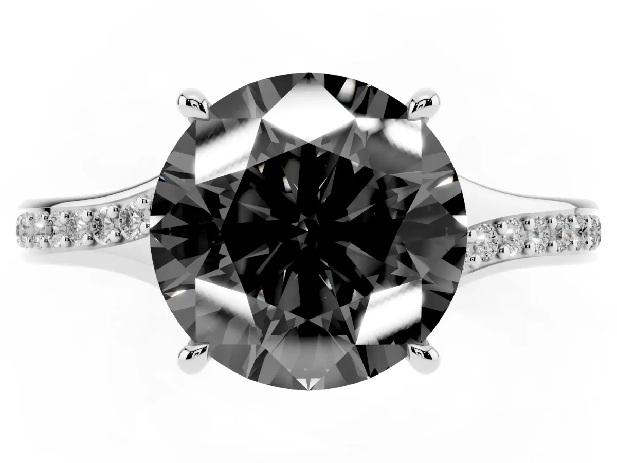 Fancy Black Round Cut Diamond Solitaire Ring with Pavé Band and Prong Setting Silver