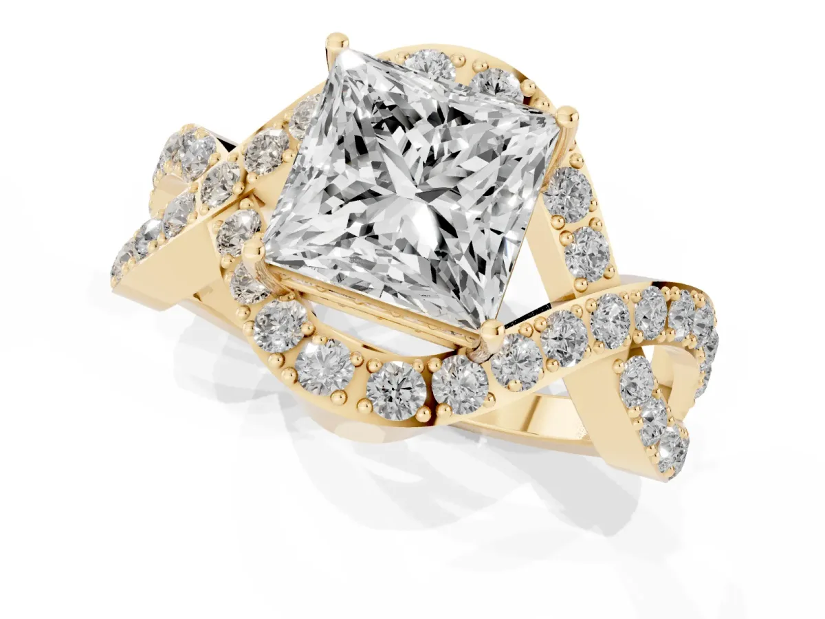 Princess Cut Solitaire Twist Band Pavé Diamond Engagement Ring Yellow gold