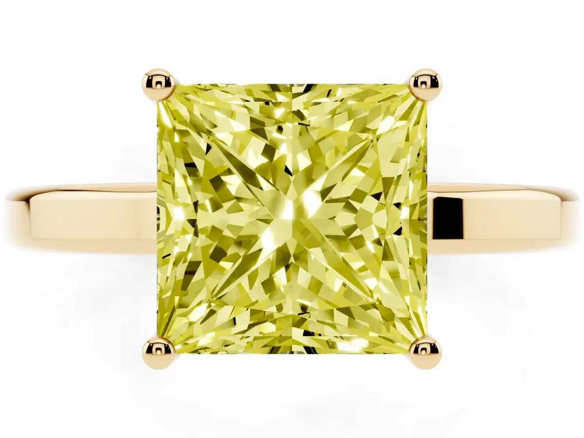 Fancy Yellow Princess Cut Cut Solitaire Engagement Ring with Four-Prong Setting on a Classic Band Yellow gold