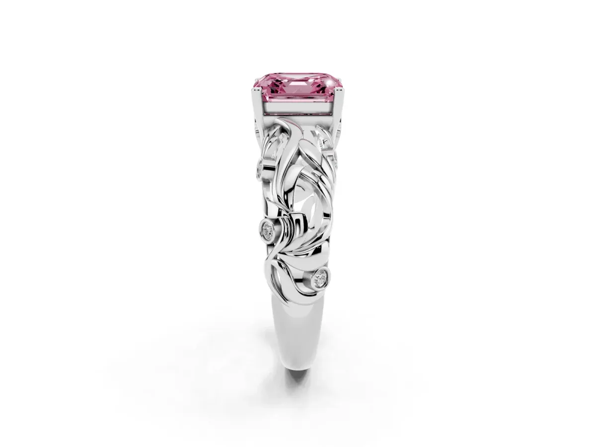 Fancy Pink Asscher Cut Solitaire Diamond Leaf-Inspired Vine Band Ring with Prong Setting Silver