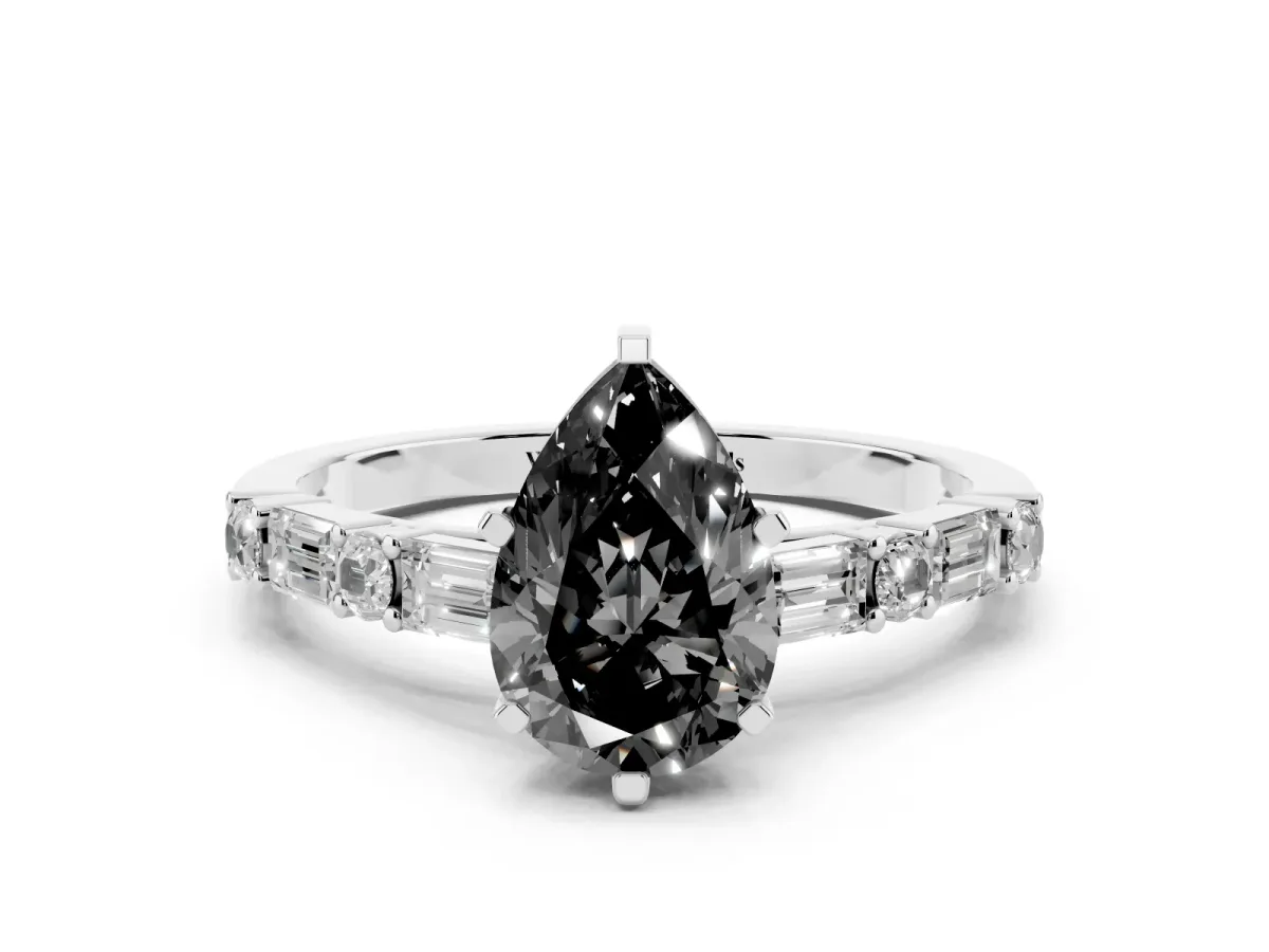 Fancy Black Pear Cut Diamond Solitaire with Side Baguettes and Channel Set Band White gold