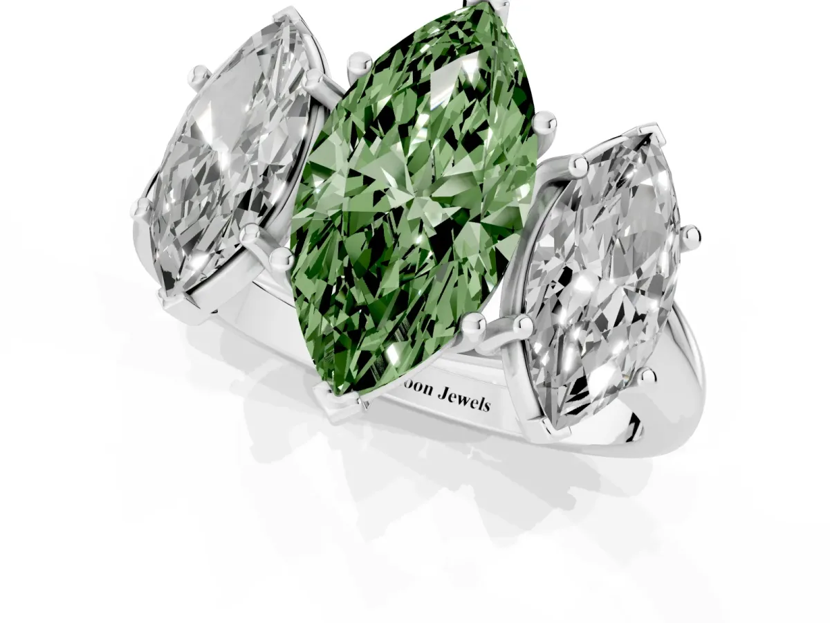 Fancy Green Three-Stone Marquise Cut Diamond Engagement Ring with Prong Setting Silver