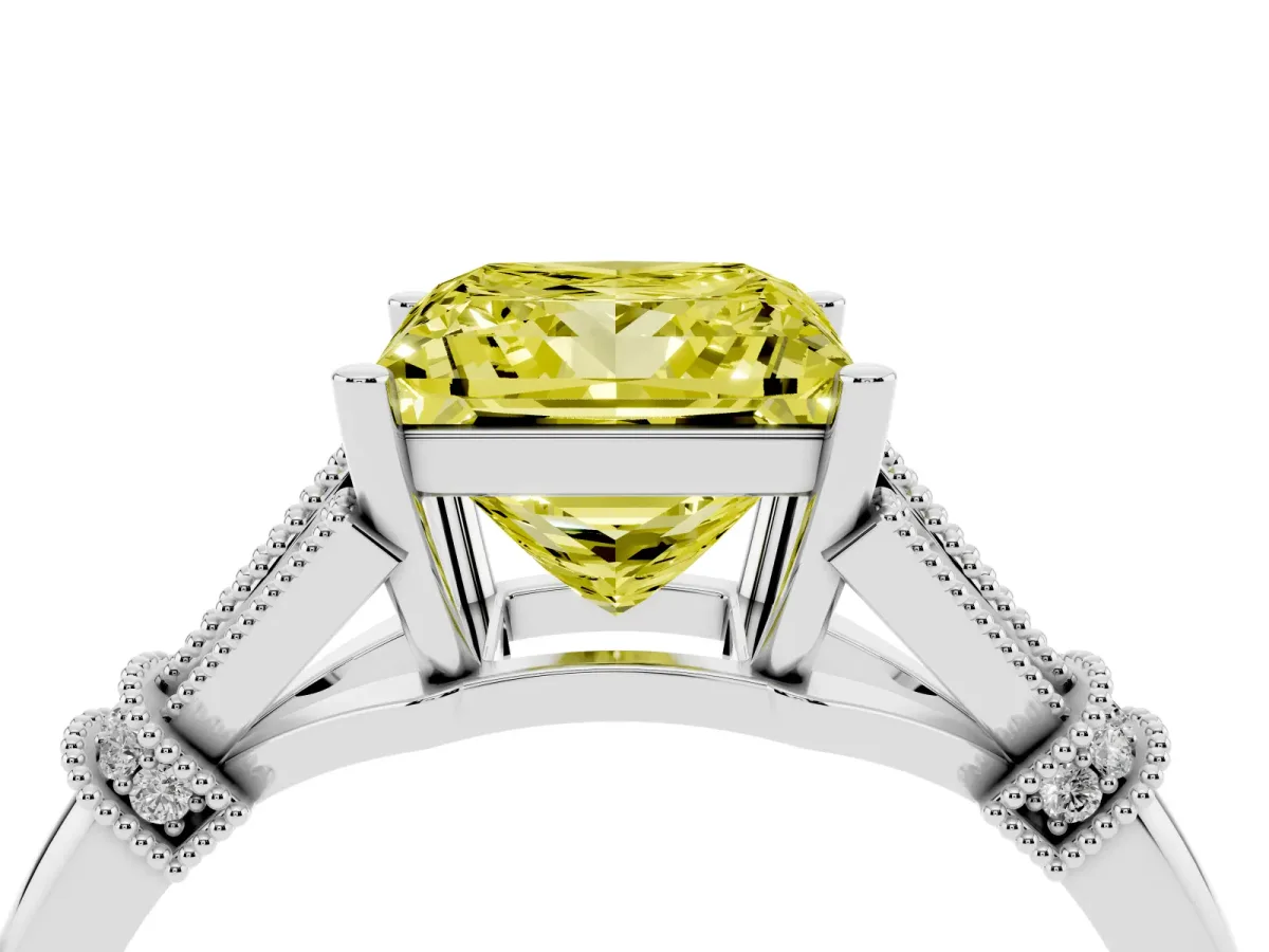 Fancy Yellow Princess Cut Diamond Solitaire Ring with Floral Filigree and Pave Accents White gold