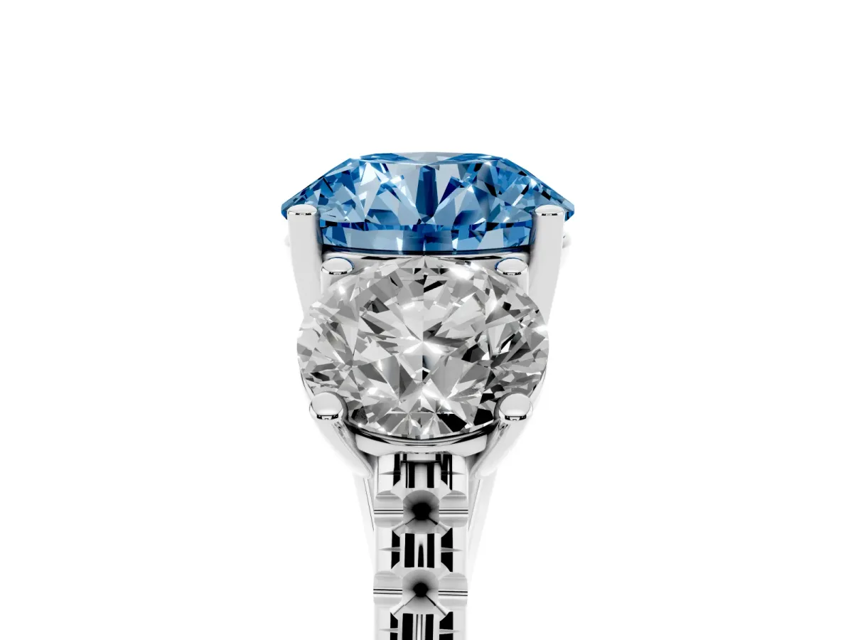 Fancy Blue Three-Stone Round Cut Diamond Ring with Round Pavé Band and Prong Setting Silver