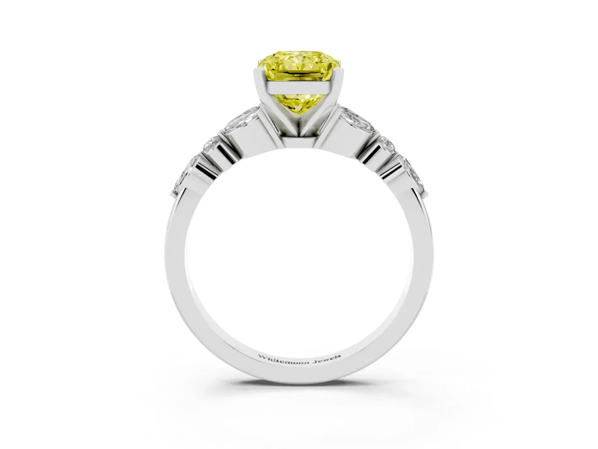 Fancy Yellow Radiant Cut Diamond Solitaire Ring with Side Stones and Four-Prong Setting Silver