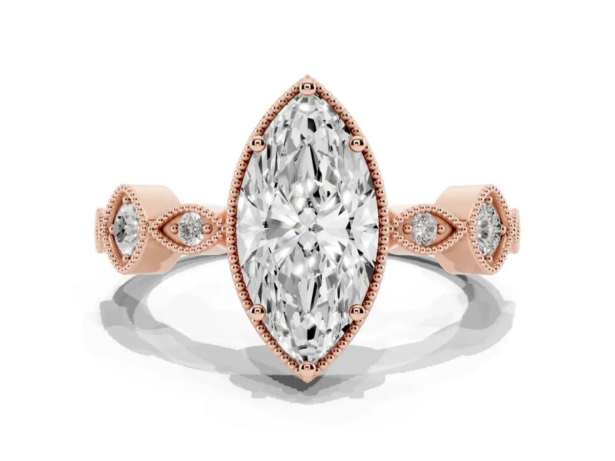 Marquise Cut Diamond Vintage Milgrain Ring with Round Stations Rose gold