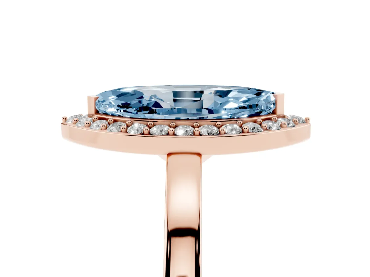 Fancy Blue Marquise Cut Halo Diamond Ring with Solitaire Band and Prong Setting Rose gold