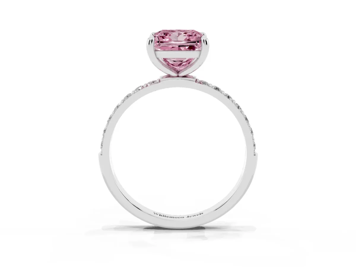 Fancy Pink Princess Cut Diamond Solitaire Ring with Round Pavé Band and Prong Setting Silver