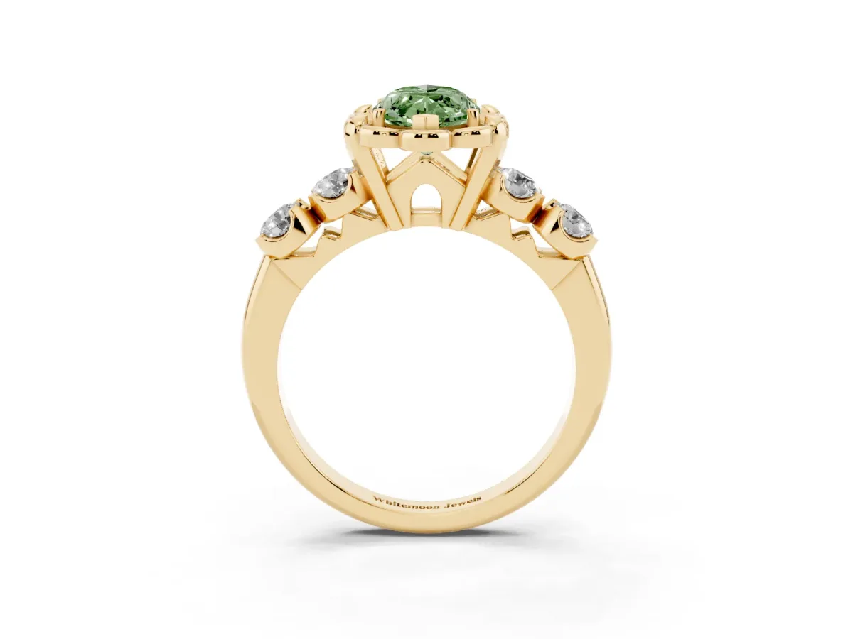 Fancy Green Marquise Cut Cut Diamond Floral Halo Engagement Ring with Shared Prong Setting Yellow gold