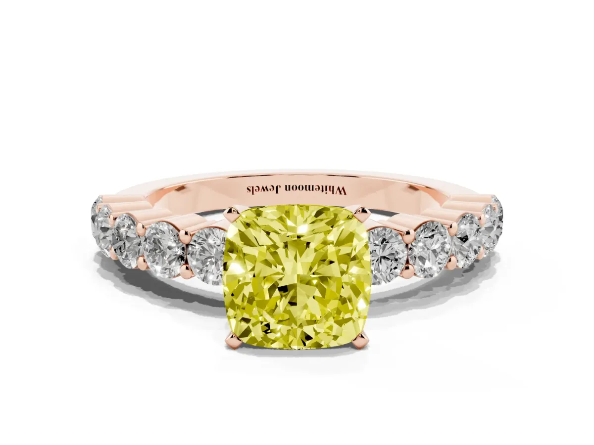 Fancy Yellow Cushion Cut Diamond Solitaire Ring with Shared Prong Round Side Stones Rose gold