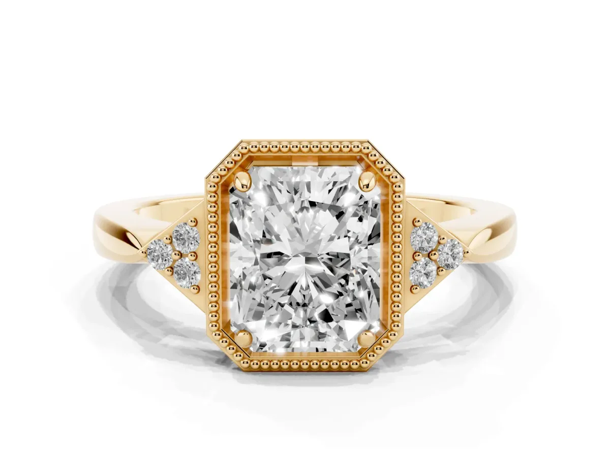 Radiant Cut Diamond Halo Ring with Tapered Band and Four-Prong Setting Yellow gold