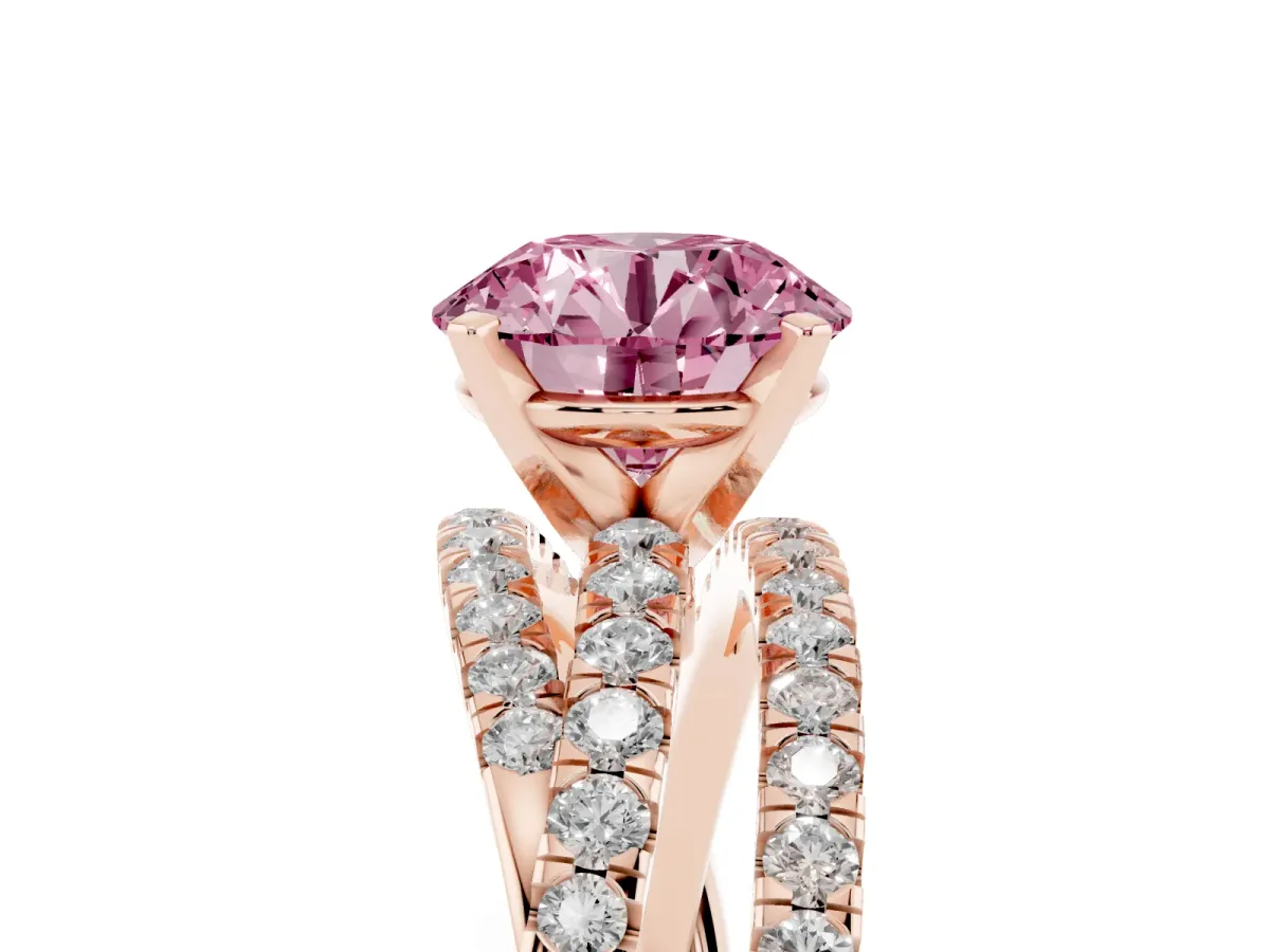 Fancy Pink Round Cut Solitaire Twist Band with Pavé Setting and Four-Prong Setting Rose gold