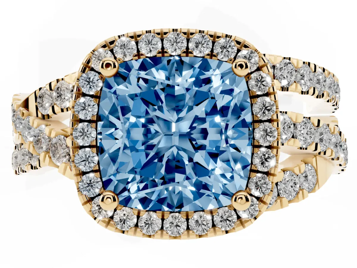 Fancy Blue Cushion Cut Diamond Halo Ring with Round Split Shank and Prong Setting Yellow gold