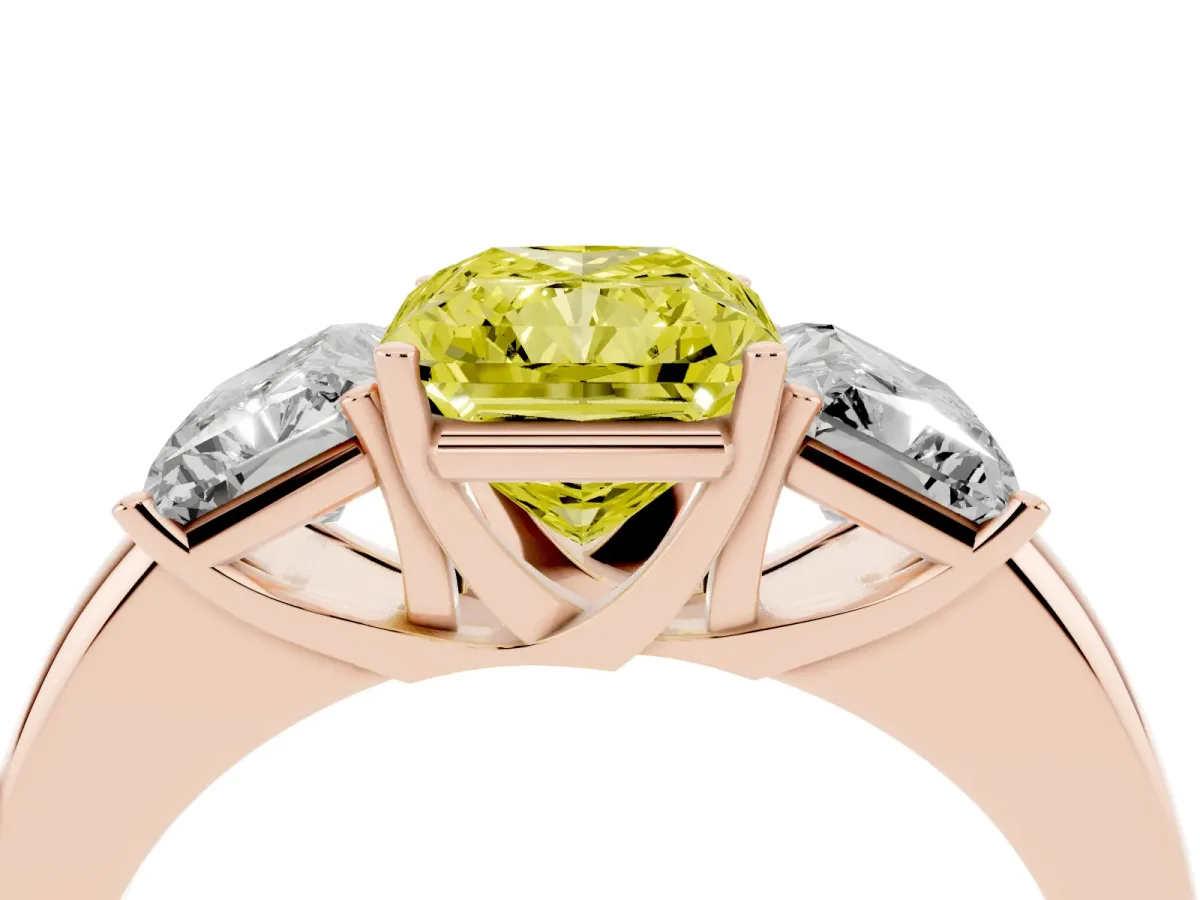 Fancy Yellow Radiant Cut Diamond Three-Stone Ring with Four-Prong Setting and Classic Band Rose gold