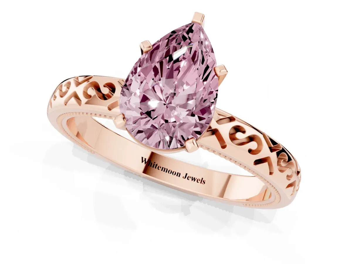Fancy Pink Pear Cut Solitaire Engagement Ring with Scrollwork Band and Four-Prong Setting Rose gold