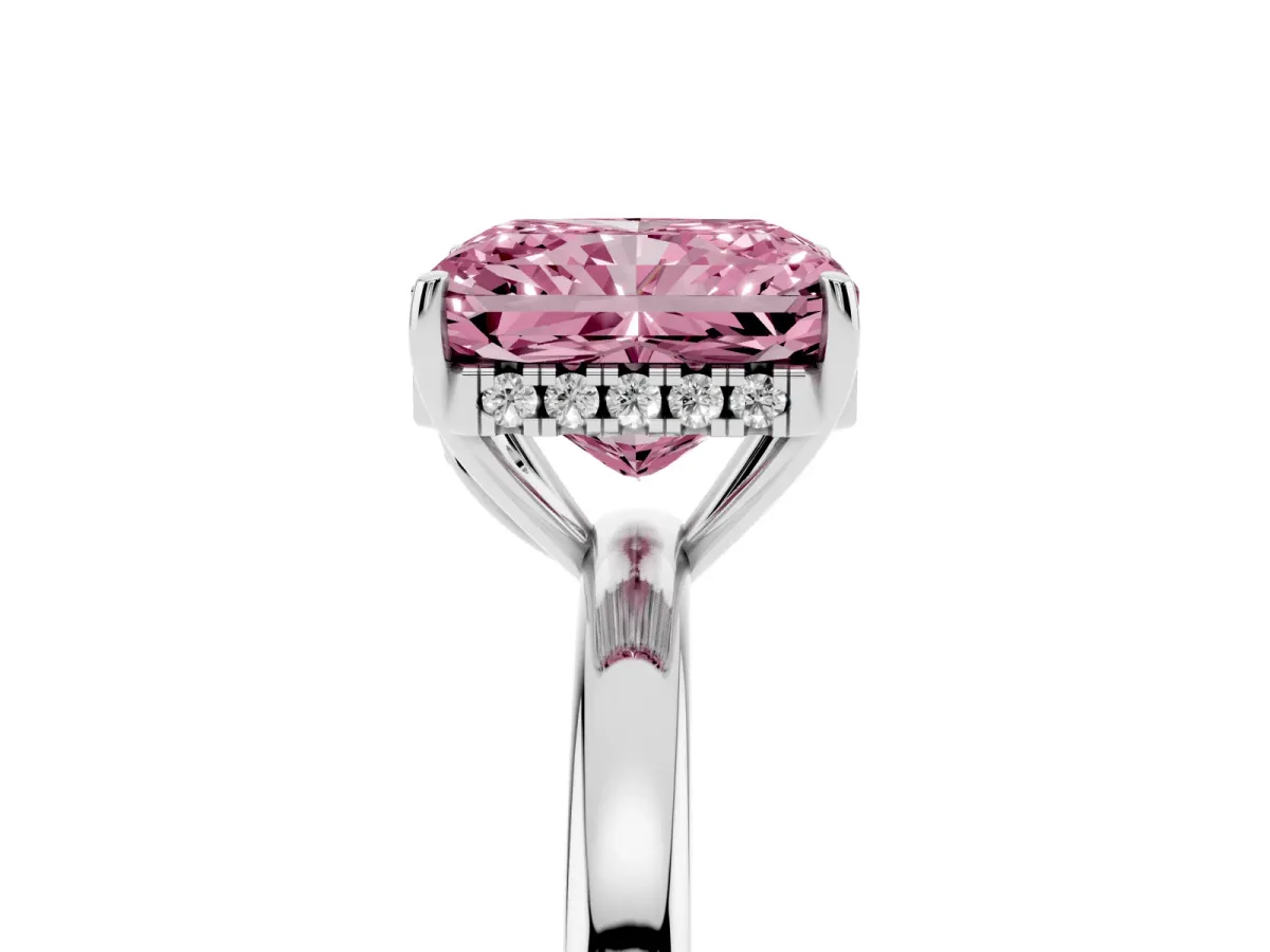 Fancy Pink Radiant Cut Solitaire Diamond Ring with Prong Setting and Plain Band Platinum