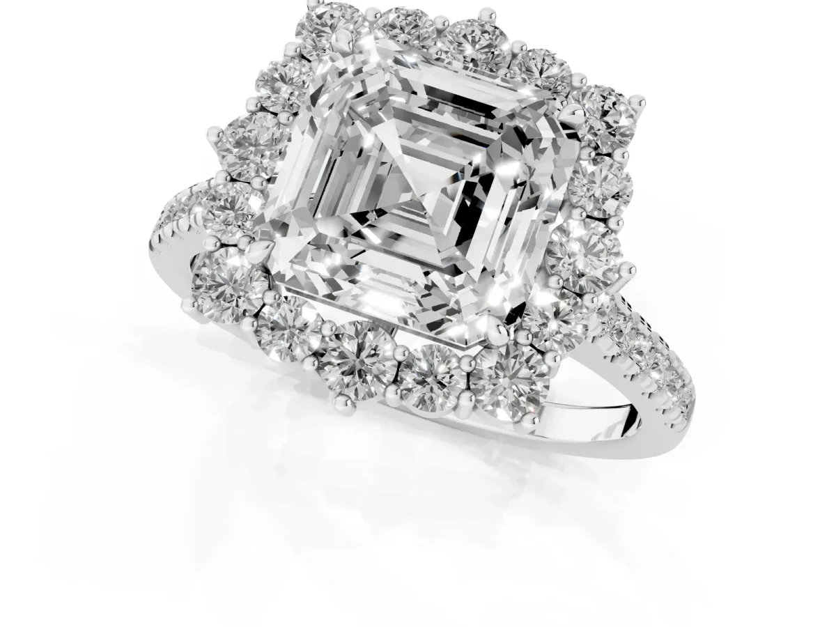 Asscher Cut Halo Diamond Ring with Pavé Band and Prong Setting Silver