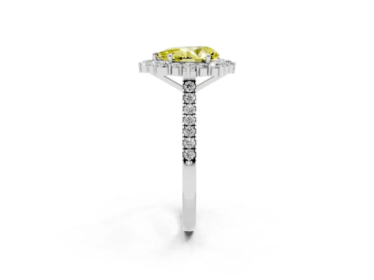 Fancy Yellow Pear Cut Halo Diamond Ring with Pavé Band and Prong Setting Silver