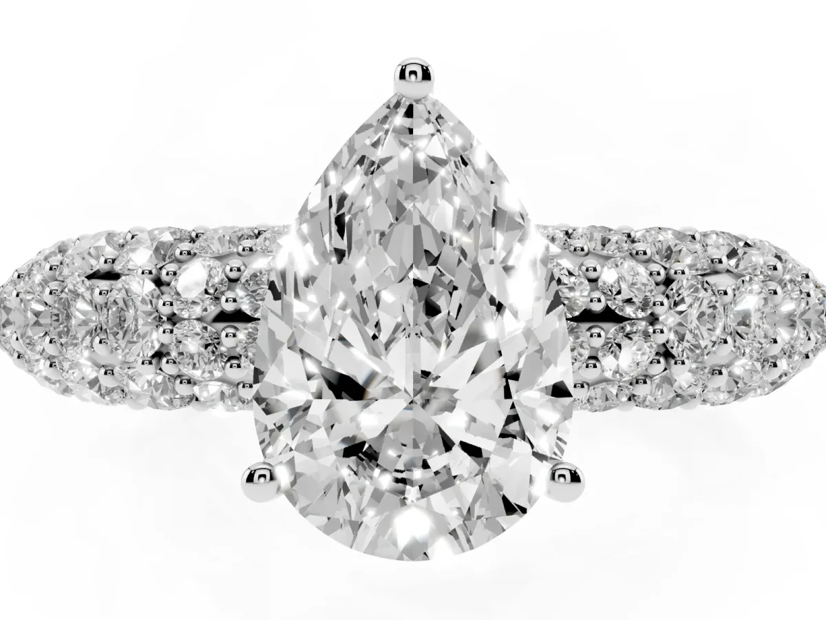 Pear Cut Diamond Pavé Band Solitaire Ring with Four-Prong Setting Silver