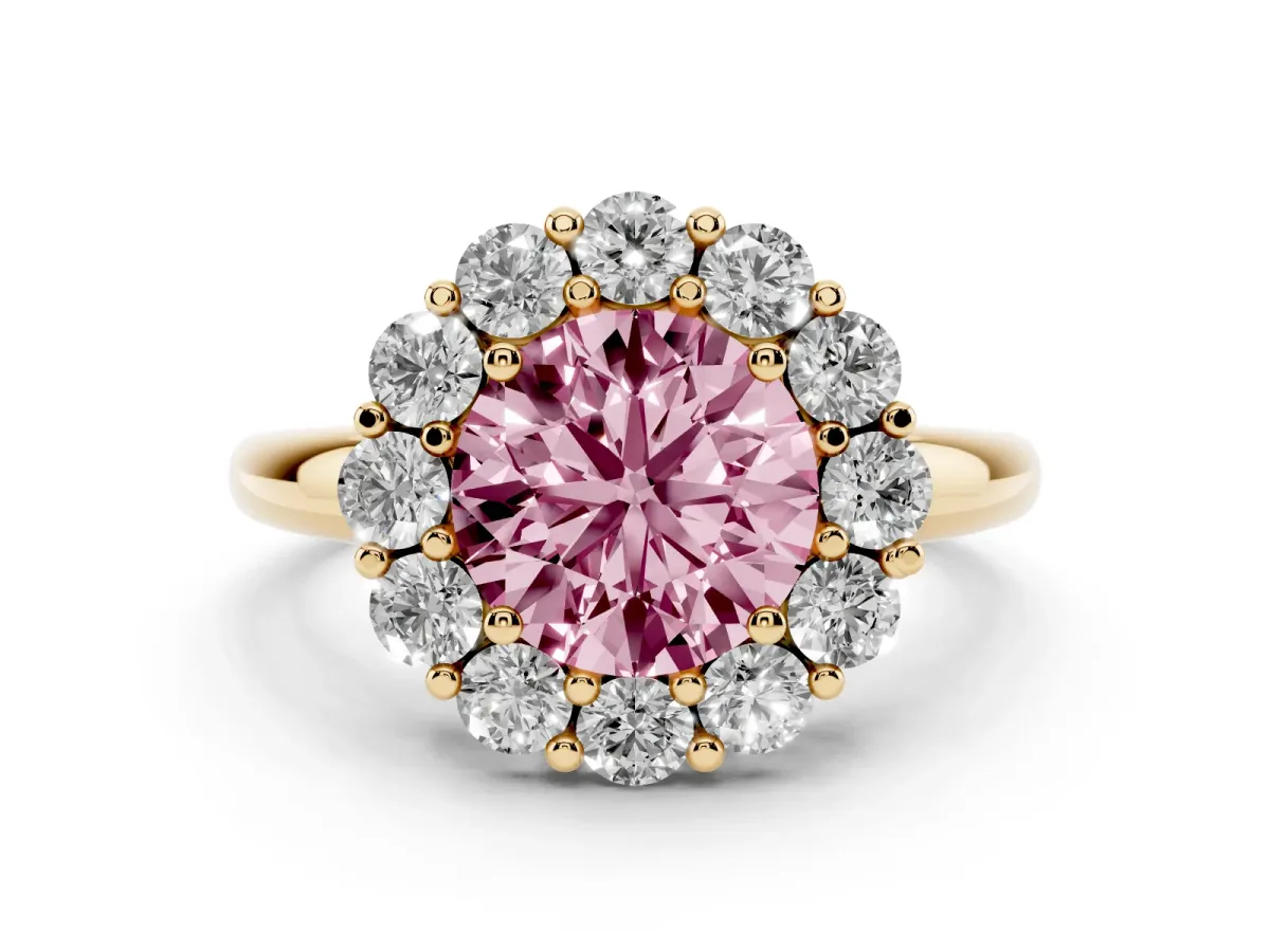 Fancy Pink Round Cut Halo Cluster Diamond Engagement Ring with Prong Setting and Polished Band Yellow gold