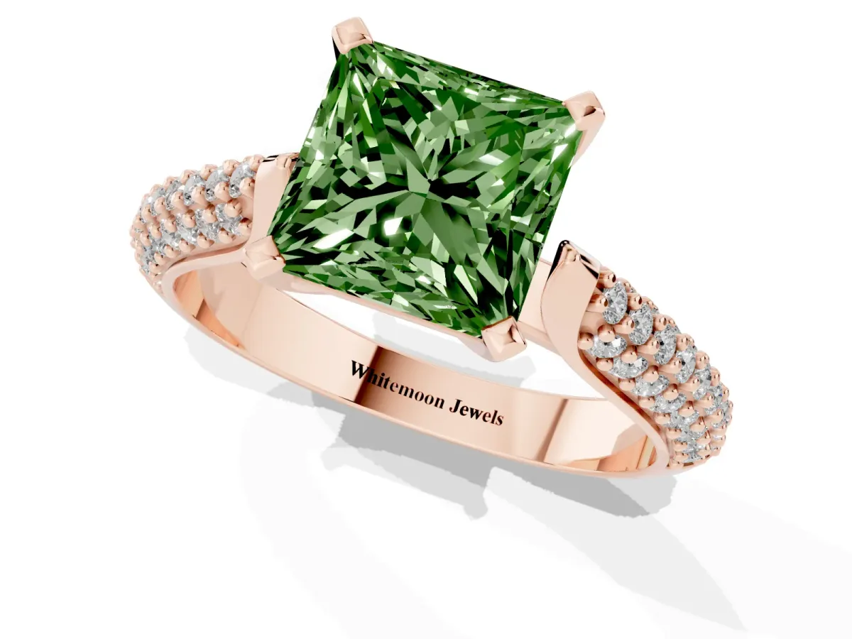 Fancy Green Princess Cut Diamond Solitaire Engagement Ring with Multi-Row Round Pavé Band and Prong Setting Rose gold