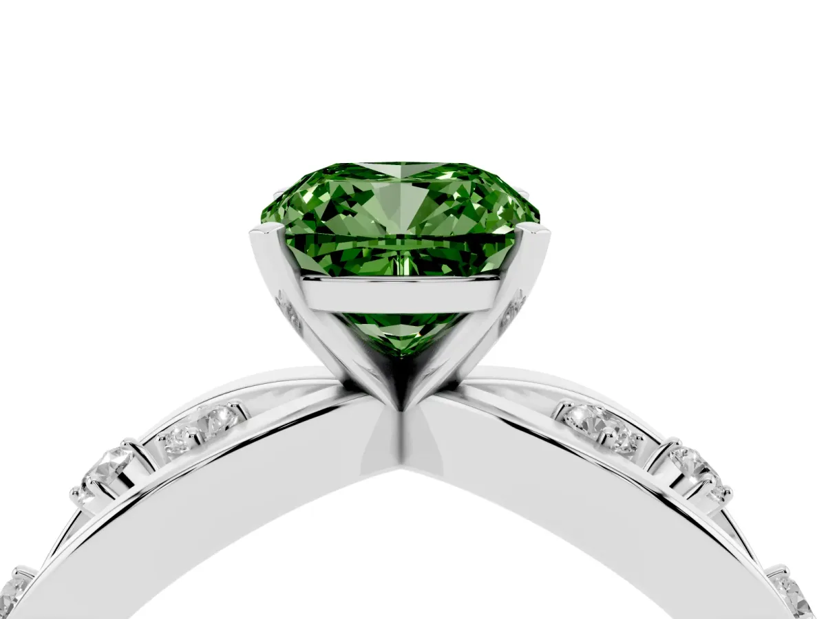 Fancy Green Cushion Cut Cut Solitaire Diamond with Side Stones on Criss-Cross Band and Four-Prong Setting Silver